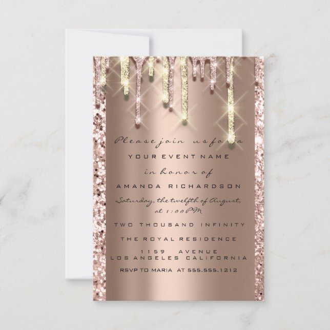 Convites Brilho 3D Drips Rosa Noiva Doce 16º Sparkly (Frente)