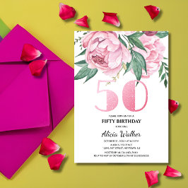 Convites Brilho 50º Peônia Rosa Flora Verde Aniversário