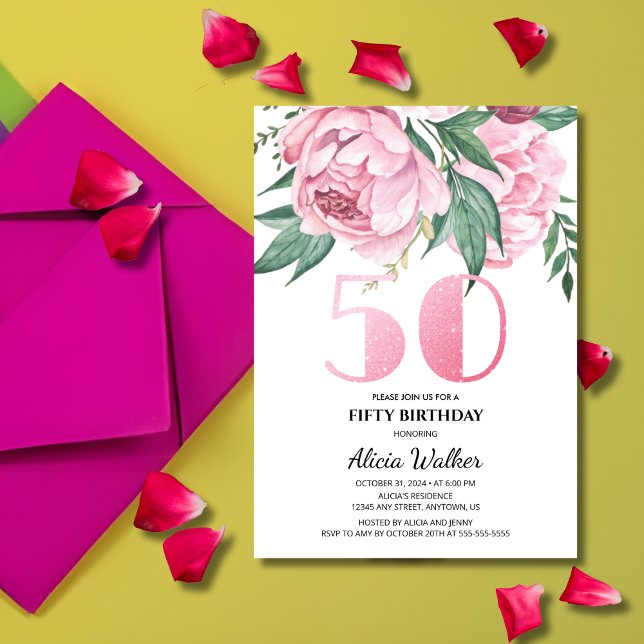 Convites Brilho 50º Peônia Rosa Flora Verde Aniversário (Criador carregado)