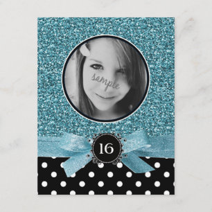 Convites Brilho azul e de foto de BW Polkadots doce 16