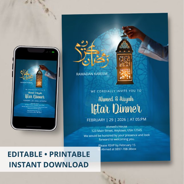 Convites Brilho Azul Ramadan com Lanterna Dourada Iftar (Criador carregado)