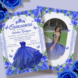 Convites Brilho Azul Real Floral Brilho Quinceanera