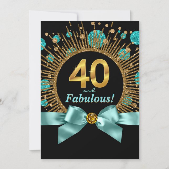 Convites Brilho Azul Turquesa e Dourado Aniversário de 40 a (Frente)
