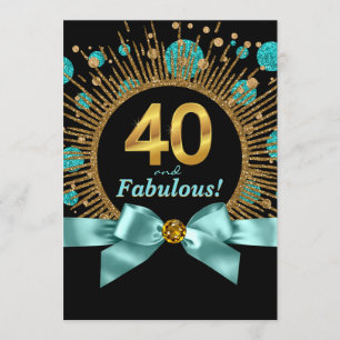 Convites Brilho Azul Turquesa e Dourado Aniversário de 40 a