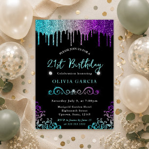 Convites Brilho Azul-Verde Prateado e Roxo Aniversário de 2