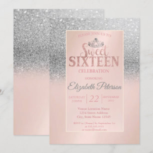 Convites Brilho Bokeh Prateado Chic, Festa Tiara Sweet 16