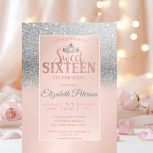 Convites Brilho Bokeh Prateado Chic, Festa Tiara Sweet 16