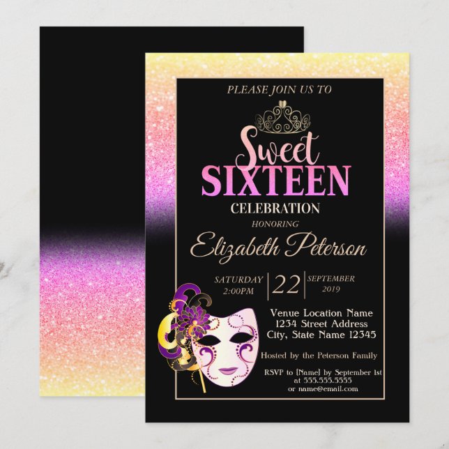 Convites Brilho Bokeh, Tiara, Festa Mascarada Sweet 16 (Frente/Verso)