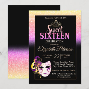 Convites Brilho Bokeh, Tiara, Festa Mascarada Sweet 16