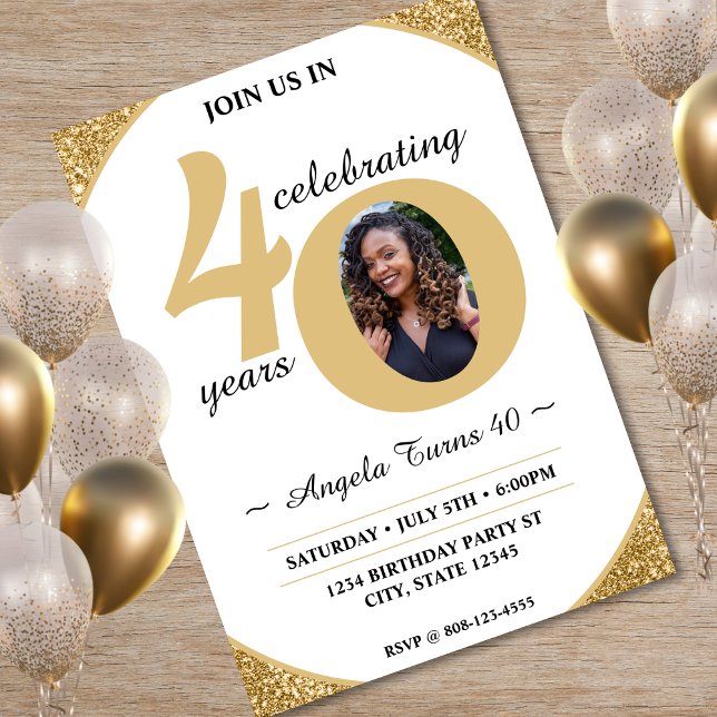 Convites Brilho Branco e Dourado 40 Anos 50 Anos aniversári (White & Gold Glitter 40 Fifty Years 40th Birthday Invitation)