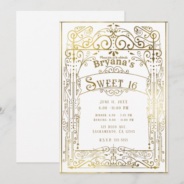 Convites Brilho Branco e Dourado Deco Vitoriano Antigo Doce (Frente/Verso)