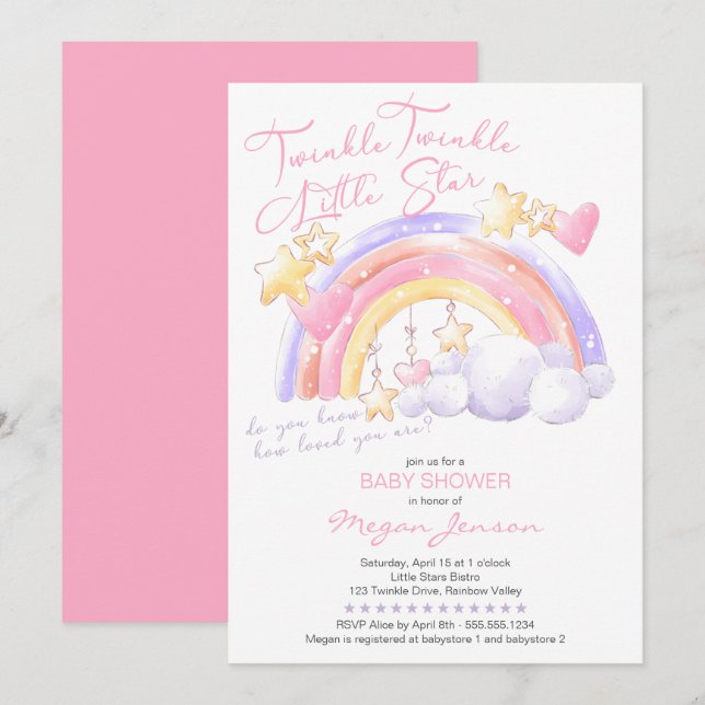 Convites Brilho Brilho Arco-íris Fofo Rosa Chuvada de Bebê  (Frente/Verso)