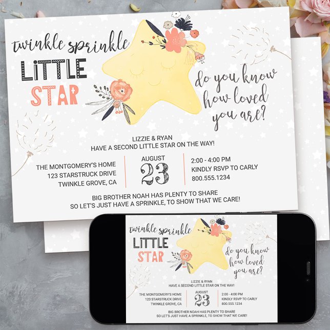 Convites Brilho Brilho Floral Estrela Bebê Sprinkle (twinkle twinkle little star baby sprinkle invitation - message me to create additional templates)