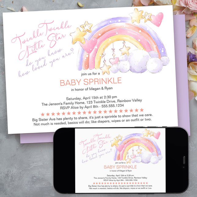 Convites Brilho Brilho Lindo Arco-Íris Bebê Sprinkle (twinkle twinkle little star baby sprinkle invitation - message me to create additional templates)