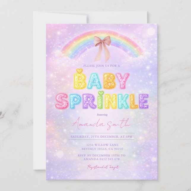 Convites Brilho Brilho pastel arco-íris baby sprinkle  (Frente)