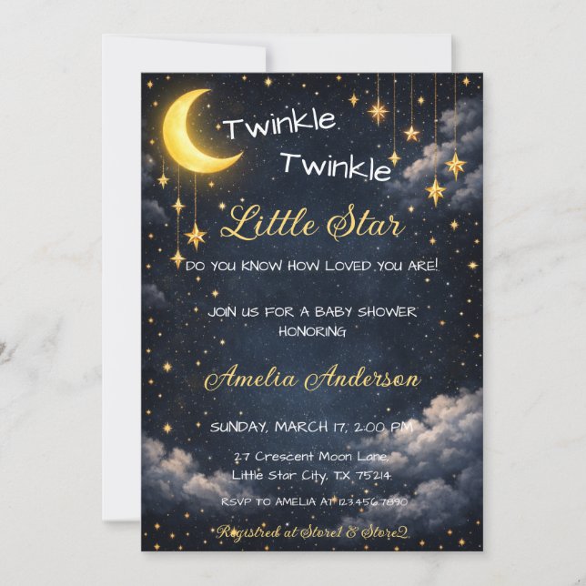 Convites Brilho Celestial Estrela Pequena Lua Baby Shower (Frente)