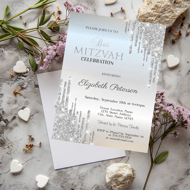 Convites Brilho Chic Gotejando Bat Mitzvah Prateado (Criador carregado)
