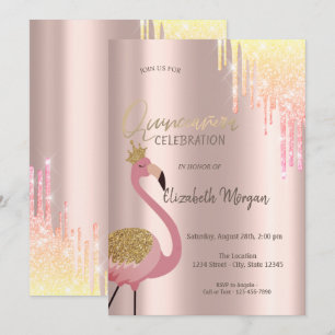 Convites Brilho Chic Gotejando Flamingo Rosa Quinceañera