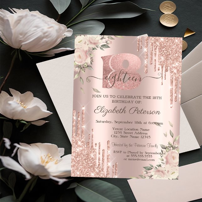 Convites Brilho Chic Gotejante, Flores Rosa Dourado Anivers (Criador carregado)