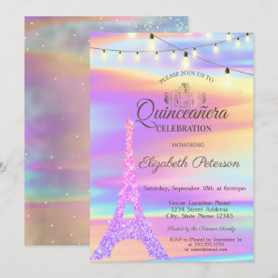 Convites Brilho Chic Torre Eiffel Holográfica Quinceañera 