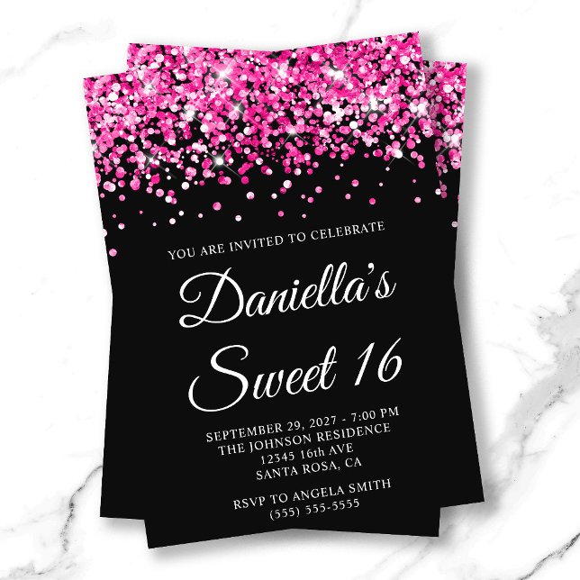 Convites Brilho Cor-de-Rosa Preto Doce 16 (Pink Glitter Black Sweet 16 Invitation)