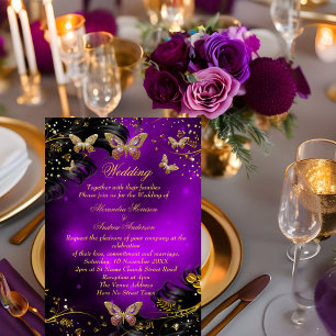 Convites Brilho de Casamento roxo Dourado Borboleta Preta