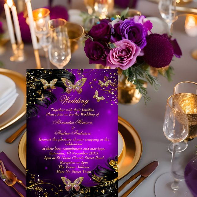 Convites Brilho de Casamento roxo Dourado Borboleta Preta (Criador carregado)