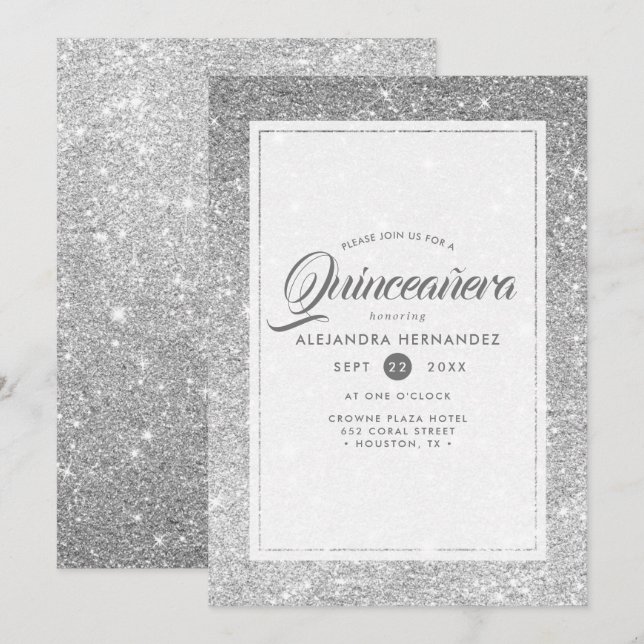 Convites Brilho de Diamante Prateado Glitter Elegante Quinc (Frente/Verso)