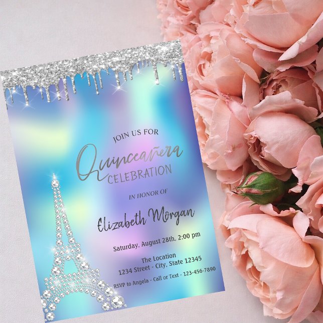 Convites Brilho de Diamantes da Torre Eiffel Quinceanera (Criador carregado)