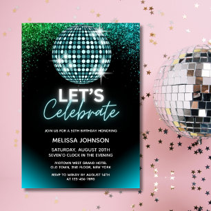 Convites Brilho de Discoteca Turquesa Vamos Celebrar Aniver
