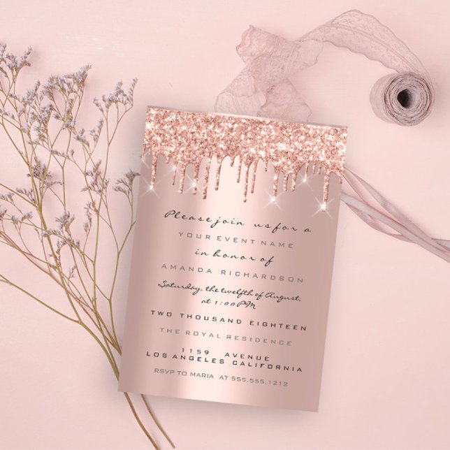 Convites Brilho de Faíscas Drips Rosa Dourado  Noiva 16 Ano (Spark Glitter Drips Rose Gold Bridal Sweet 16th Invitation)