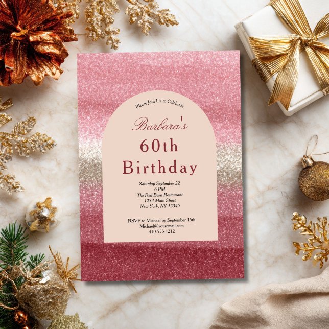 Convites Brilho de Glitter Rosa Glam Sparkle Aniversário de (Shades of Pink Glitter 60th ( or any year ) birthday invitation. Printed or Digital Download)