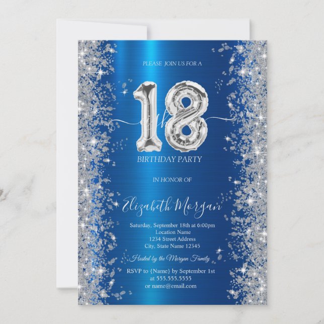 Convites Brilho de Prata Diamantes Azul Real Aniversário de (Frente)