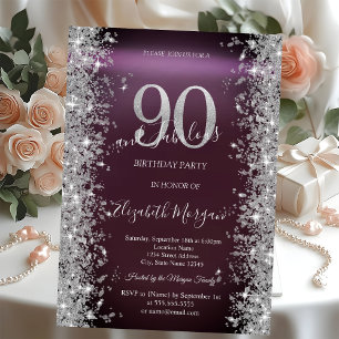Convites Brilho de Prata Diamantes Borgonha 90º Aniversário