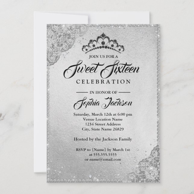 Convites Brilho de Renda de Diamante Prata Sweet Sixteen (Frente)