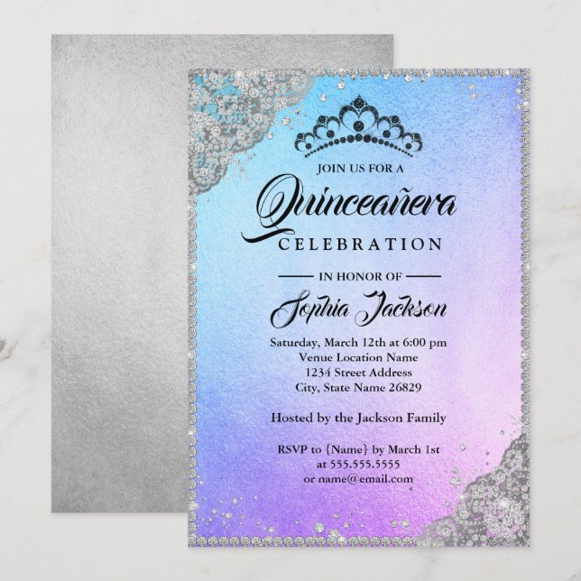 Convites Brilho de Renda Diamante Azul Roxo Quinceanera (Frente/Verso)