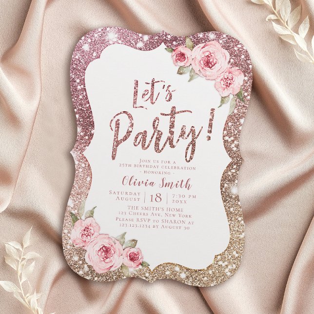 Convites brilho de rosa de vamos de festa e brilho floral (Let's party sparkle rose gold glitter and floral invitation)