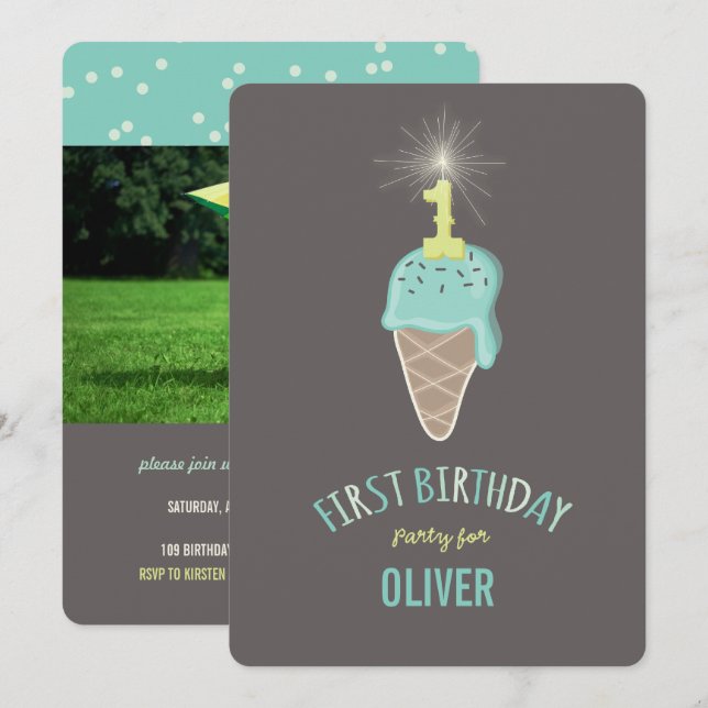 Convites Brilho de Sorvete de Hortelã Aniversário de 1 Ano  (Frente/Verso)