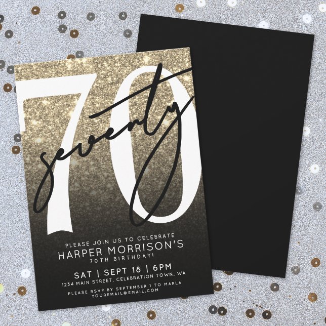 Convites Brilho Dourado 70º Aniversário (Black Gold Glitter 70th Birthday Invitation)