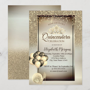 Convites Brilho Dourado, Balões, Saltos Altos, Tiara Quince