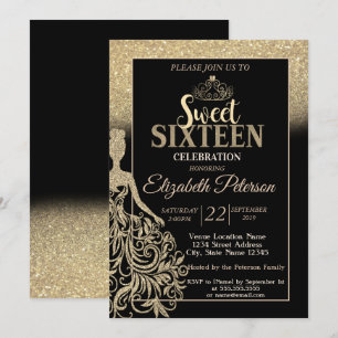 Convites Brilho Dourado Bokeh Ombre,Tiara,Festa Sweet 16