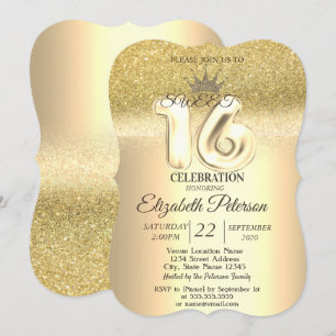 Convites Brilho Dourado Bokeh, Tiara, Festa Sweet 16