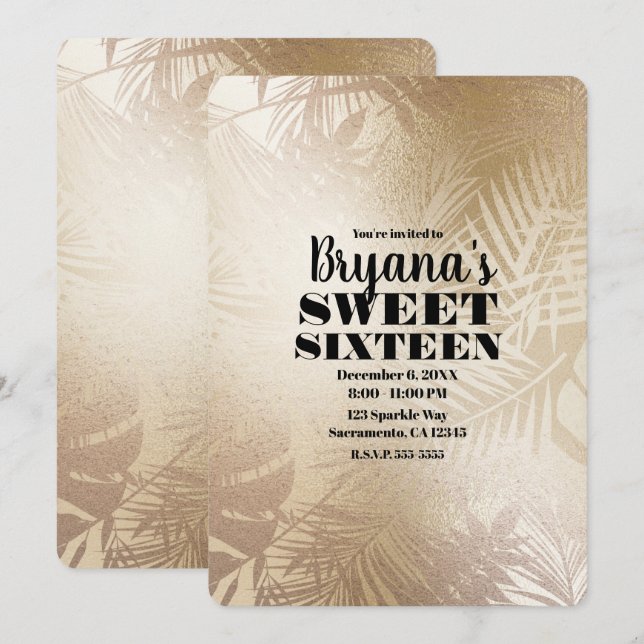 Convites Brilho Dourado Botânico Palmeira Tropical Doce 16 (Frente/Verso)