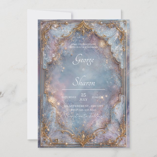 Convites Brilho Dourado Celestial Azul Encantado Casamento (Frente)