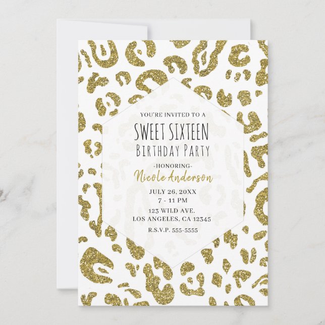 Convites Brilho Dourado Cheetah Branco Leopardo Festa Sweet (Frente)
