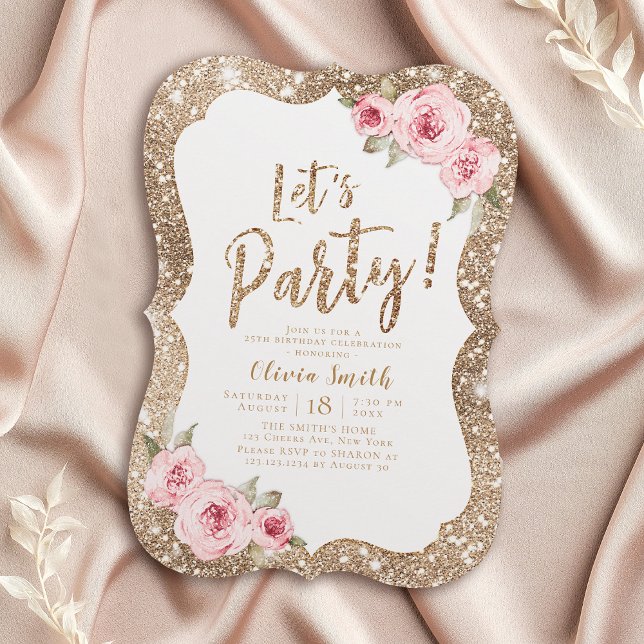 Convites brilho dourado do vamos e floral rosa (Let's party sparkle gold glitter and pink floral invitation)
