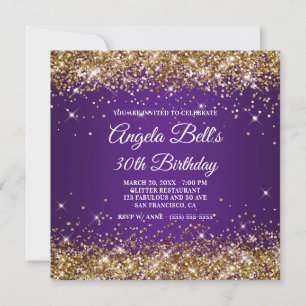 Convites Brilho Dourado Espelhado Roxo Real Aniversário de 