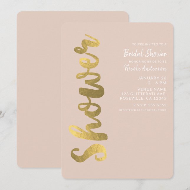 Convites Brilho Dourado Falso Folha Bege Glam Chuveiro de N (Frente/Verso)