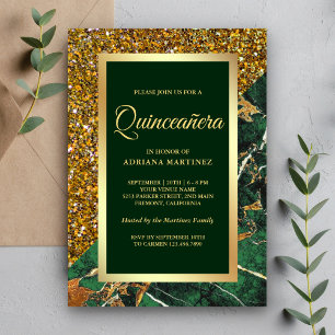 Convites Brilho Dourado Falso Mármore Verde Esmeralda Quinc