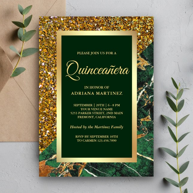 Convites Brilho Dourado Falso Mármore Verde Esmeralda Quinc (Criador carregado)